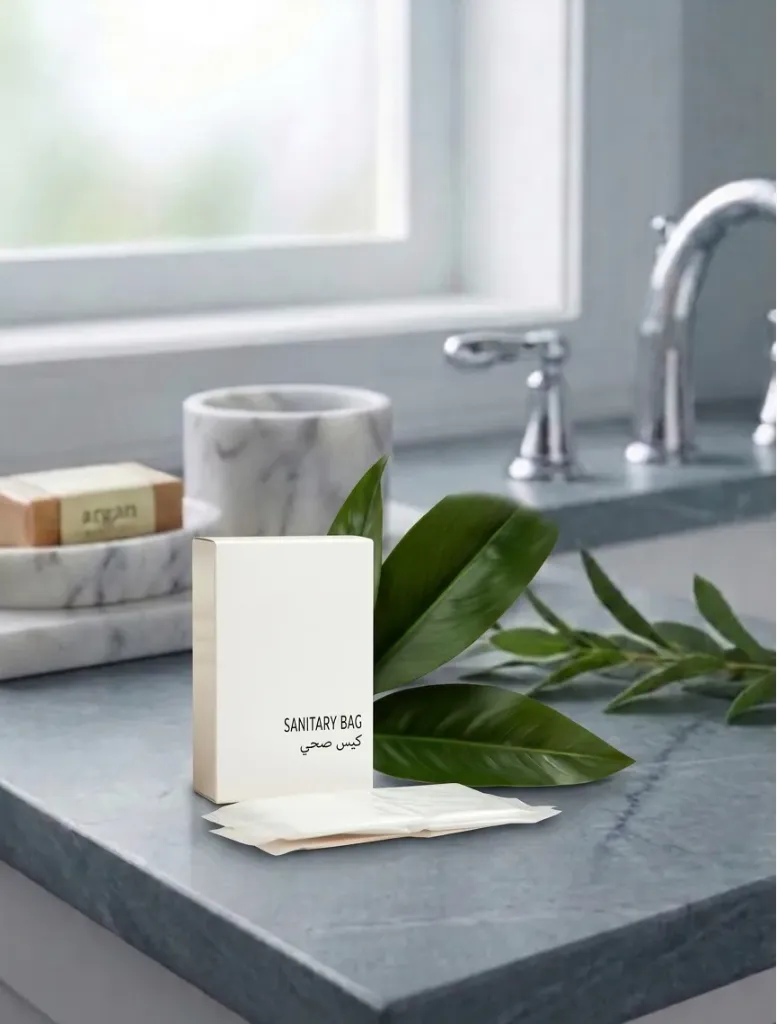 Sustainable Essentials Sanitary Bag, Hotel Guest Room Amenities, Eco-Friendly White Paper Box.