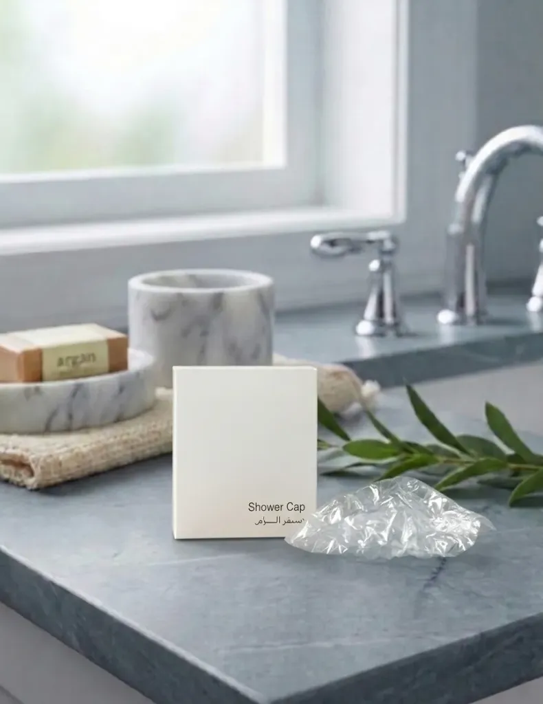 Disposable Shower Cap, Premium Hotel Amenity & Travel Grooming Essential.