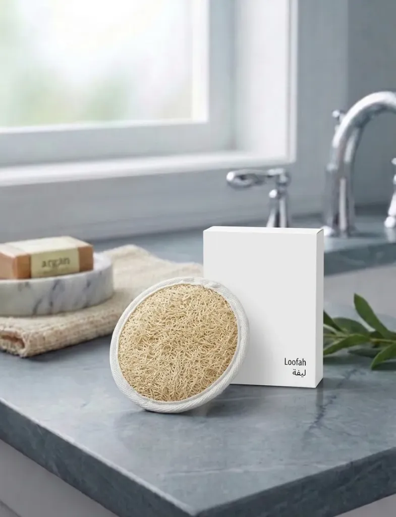 Bath Loofah, Travel-Friendly Hotel Guest Room Amenities in White Paper Box.