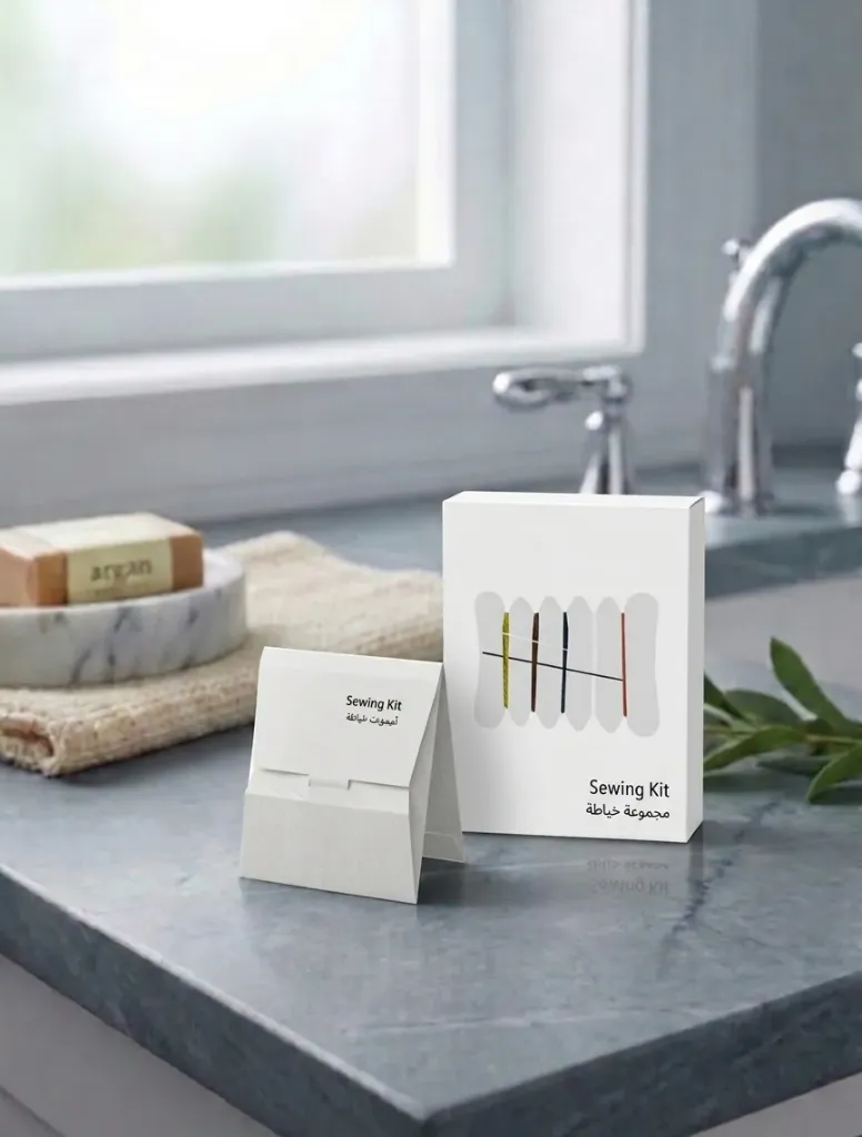 Sewing Kit, Essential Hotel Guest Room Amenity with 2 Buttons, Safety Pin, Needle, and 5 Thread Colors in White Paper Box.