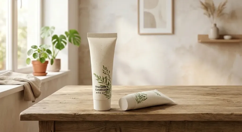 Eco-Friendly 30ml Shampoo with Conditioner – Biodegradable Wheat Straw Tube, Matte Finish, Screw Cap, 3-Year Shelf Life.
