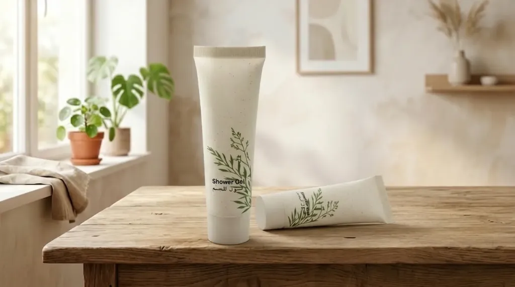 Eco-Friendly 30ml Bath Gel, Biodegradable Wheat Straw Tube, Matte Finish, Screw Cap, 3-Year Shelf Life.
