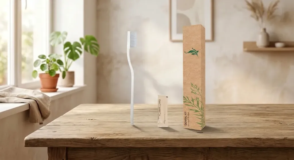 Eco-Frirndly Dental Kit – Travel-Friendly Hotel Amenity with Wheat Straw Toothbrush, 3g Toothpaste in Eco-Friendly Kraft Paper Box.