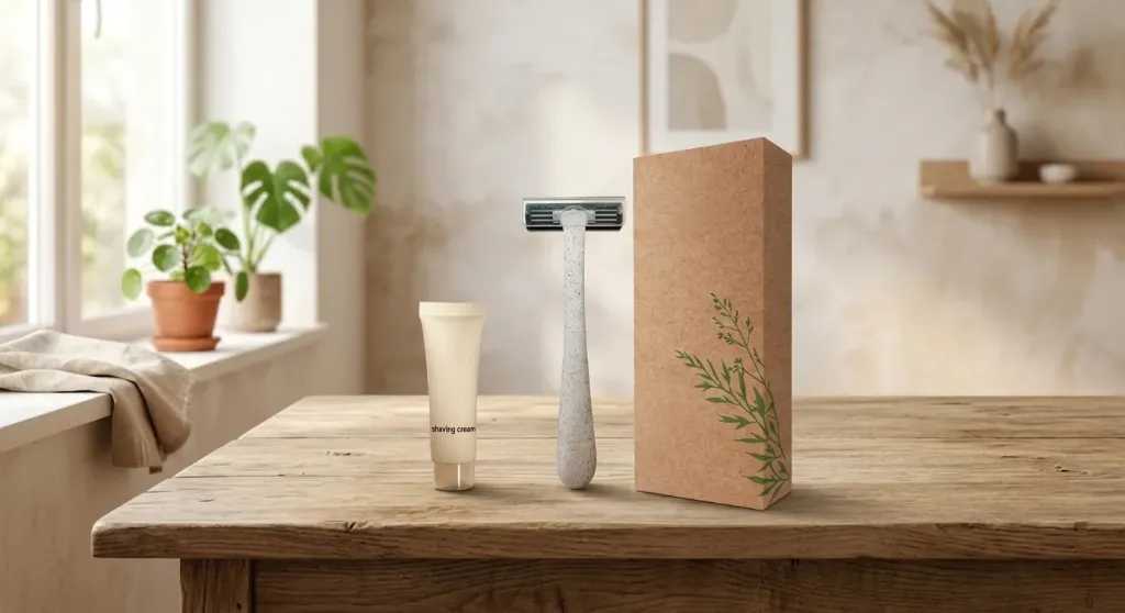 Eco-Friendly Shaving Kit - Travel-Friendly Hotel Guest Room Amenity with Biodegradable Wheat Straw Razor & 10g Shaving Cream in Kraft Paper Box.