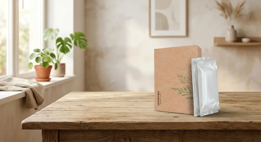 Eco-Friendly Sanitary Bags in Kraft Paper Box, Sustainable Hotel Guest Room Amenities.