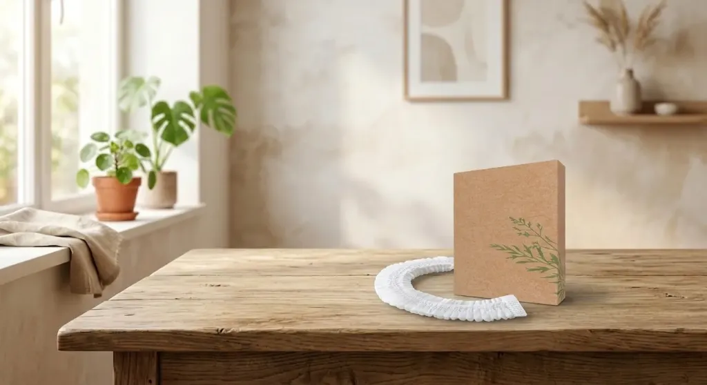 Eco-Friendly Disposable Shower Cap - Essential Hotel Guest Room Amenity & Travel Grooming Tool, Packaged in Kraft Paper Box.