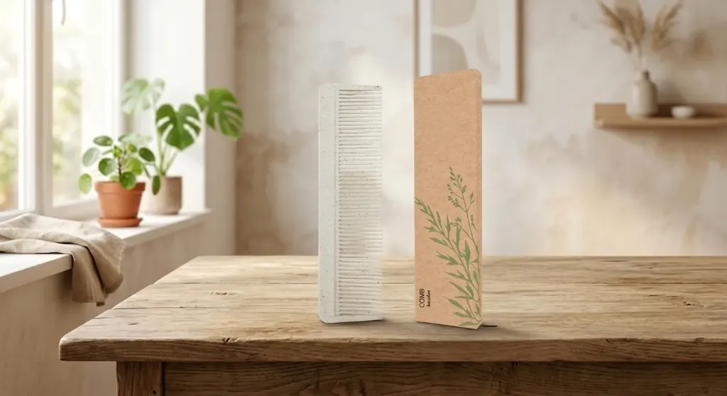 Eco-Friendly Wheat Straw Comb, Essential Travel Grooming Amenity for Guest Rooms, Packed in Kraft Paper Box.