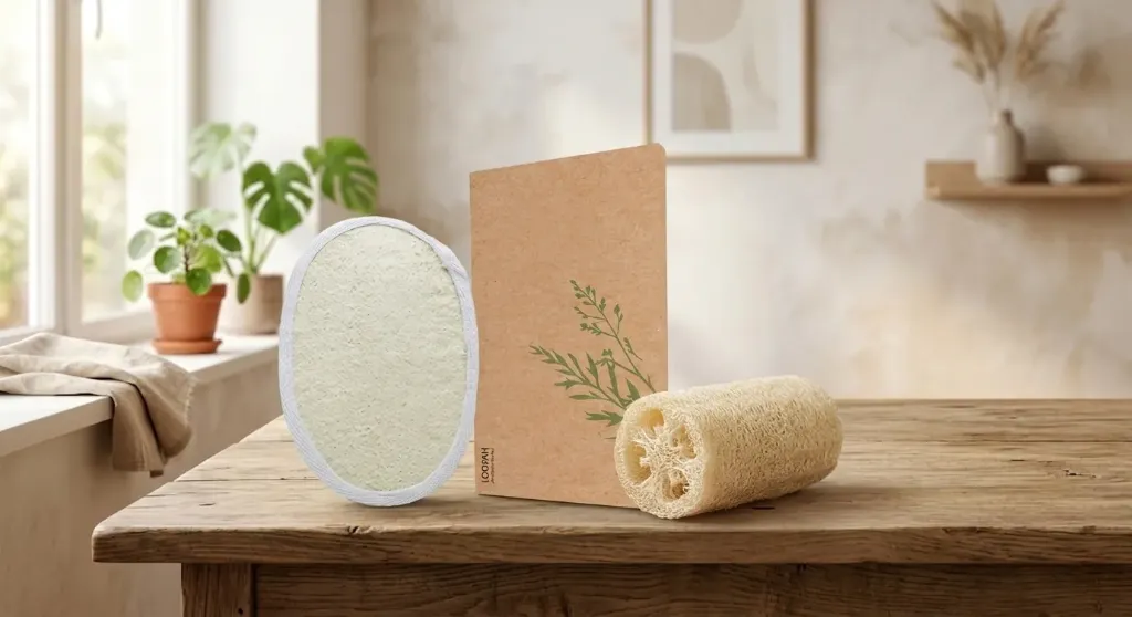 Eco-Friendly Bath Loofah in Kraft Paper Box - Sustainable Travel & Hotel Guest Room Amenities.