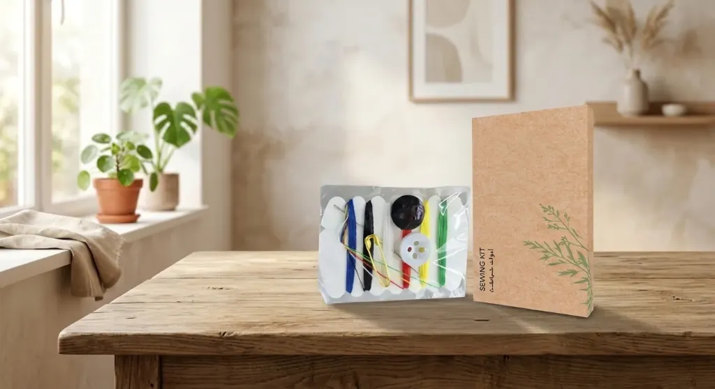 Eco-friendly Sewing Kit | Essential Hotel Guest Room Amenity with Buttons, Safety Pin, Needle & Threads in Kraft Paper Box.