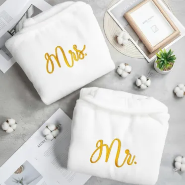 Terry Bathrobe Couple Set with Golden Embroidered “Mr & Mrs” – 100% Cotton, 400 GSM,  Soft and Luxurious, Customizable with Names or Designs