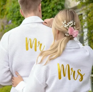 Waffle Bathrobe Couple Set with Golden “Mr & Mrs” Embroidery – 100% Cotton,  400 GSM, Elegant and Customizable
